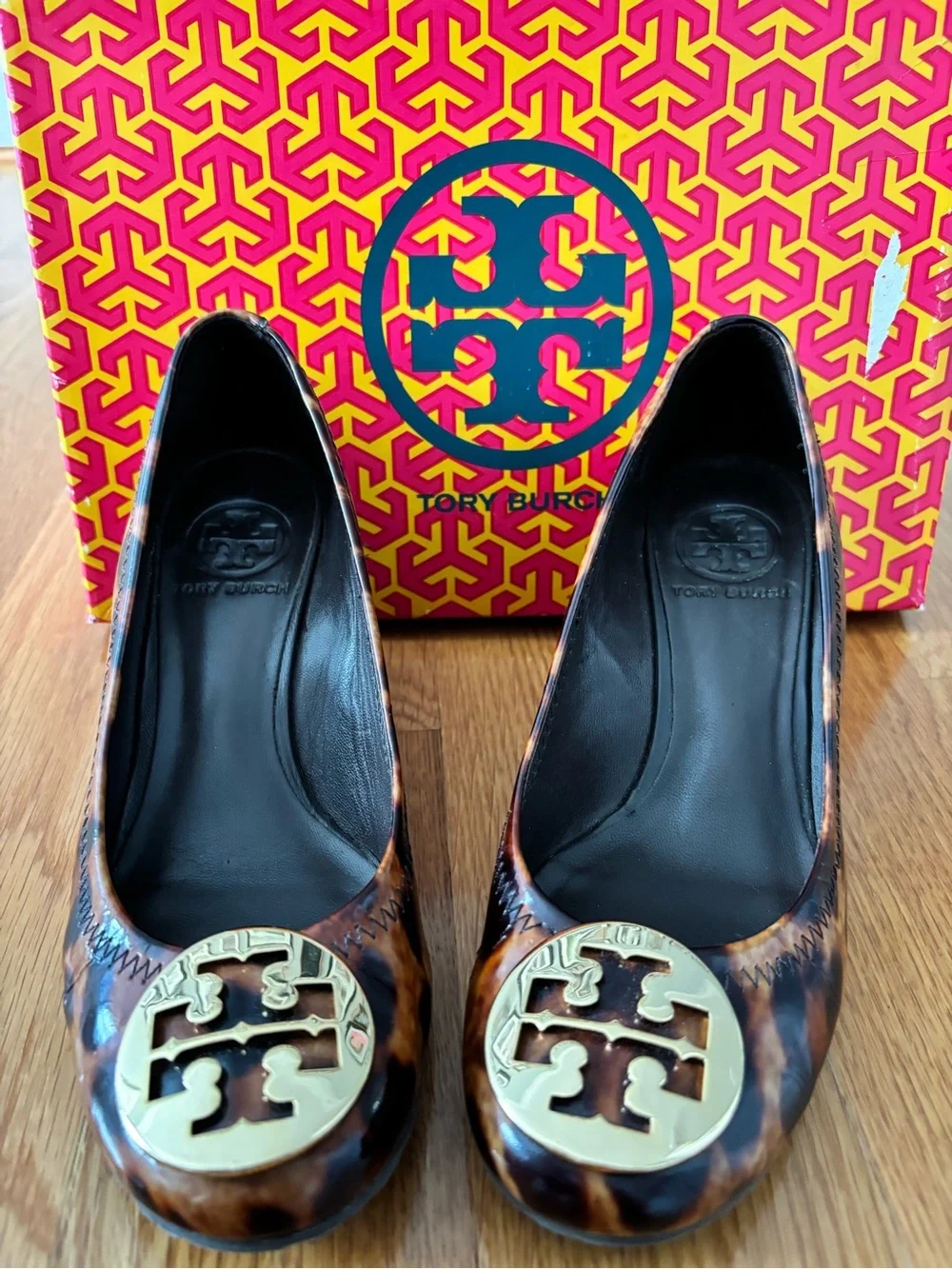Tory Burch Tortoiseshell Reva Ballet Flats with Gold Logo